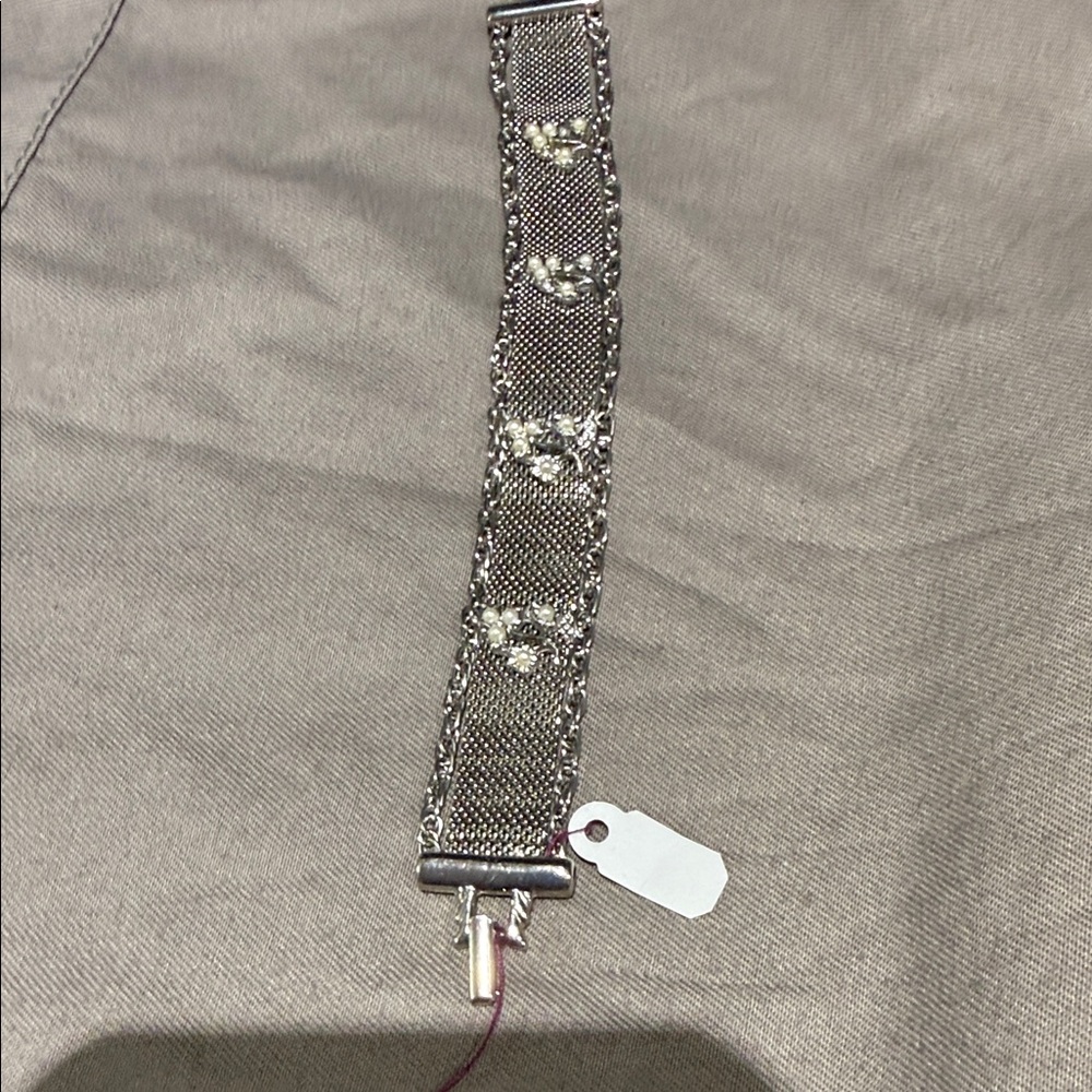 Vintage silver Mesh Bracelet with Rhinestone Accents